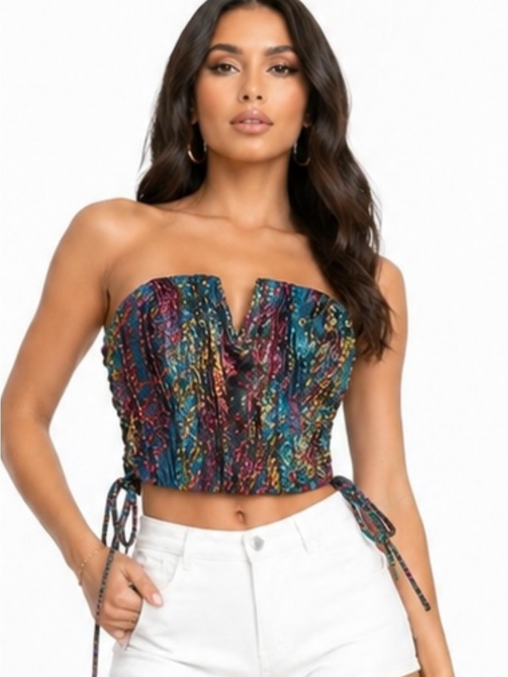 Boutique Strapless Corset Top | Blue Multi Print | Lace-Up Detail | NWT | S & L